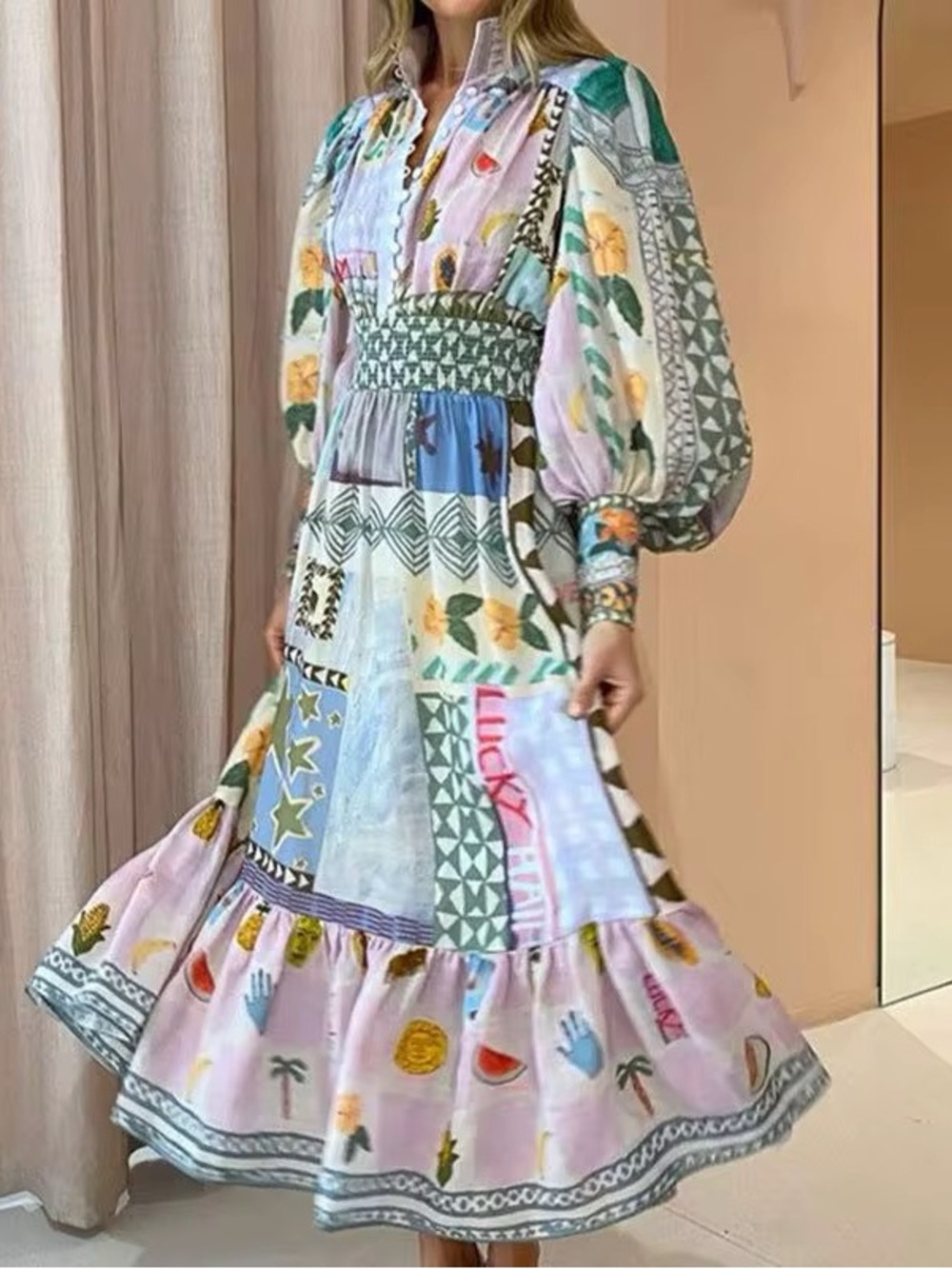 027 • Boho Patchwork Midi Dress with Smocked Waist